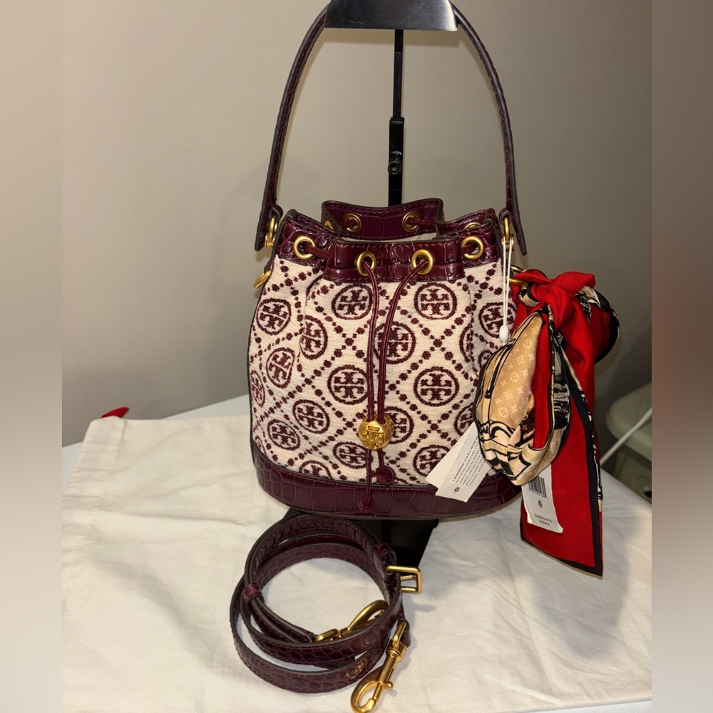 Tory Burch Monogram Chenille Mini Drawstring Bucket Bag, NWT